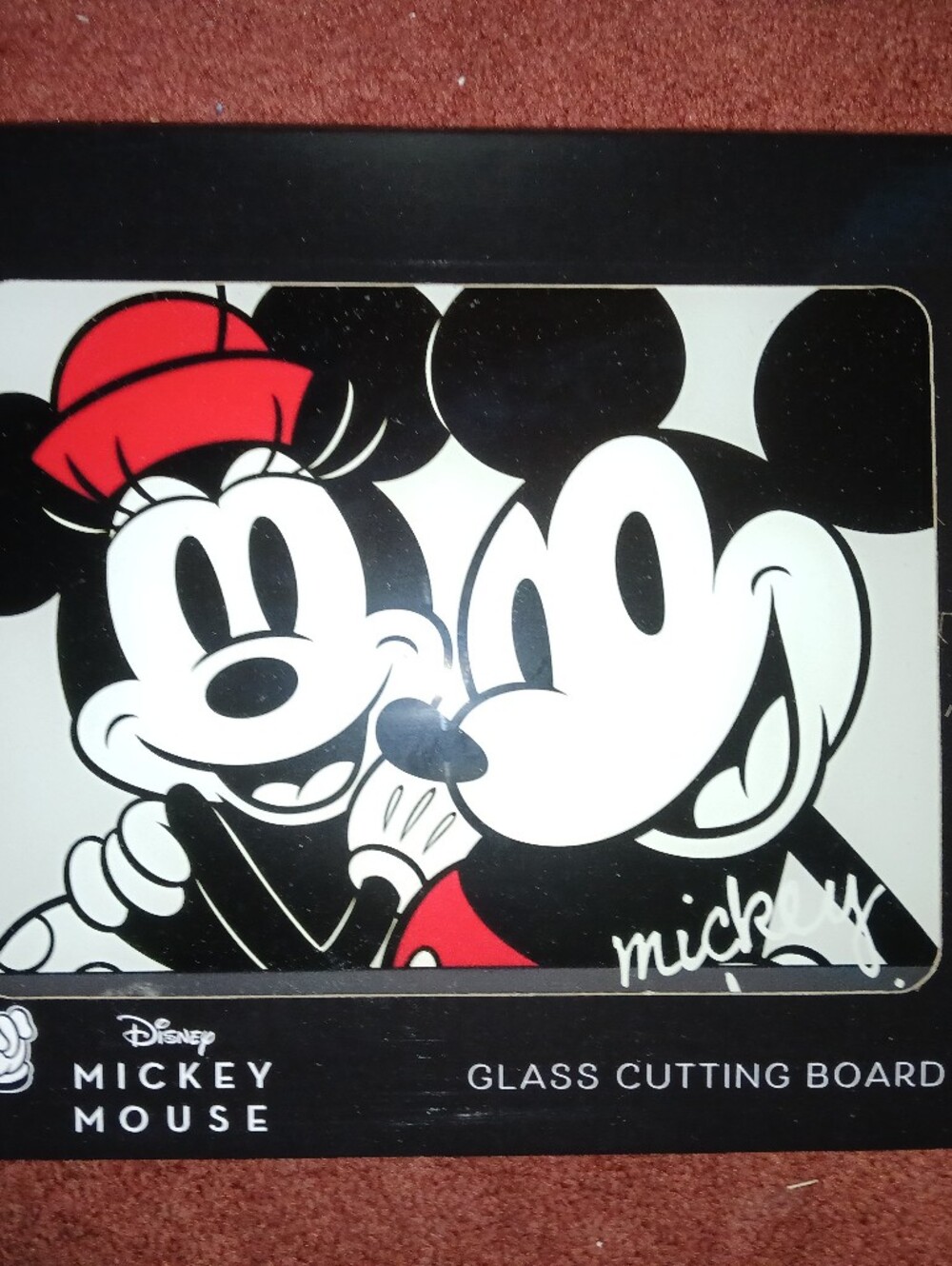 Disney Mickey & Minnie Glass Cutting Board - Black, White, Red New!